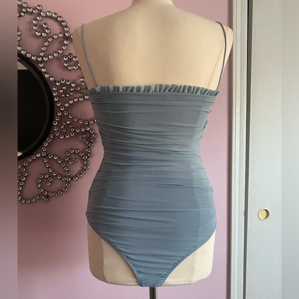 Hey Babe Blue Ruched Bodysuit Lace Up Bust Corset Style Mesh Size M - Picture 2 of 8